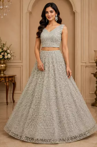 White Color Multi Thread Work,Sequence,Zari Embroidery,Zircon Studded All Over Work Net Lehenga Choli