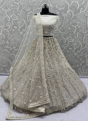 White Color Multi Thread Work,Sequence,Zari Embroidery,Zircon Studded All Over Work Net Lehenga Choli 3