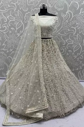 White Color Multi Thread Work,Sequence,Zari Embroidery,Zircon Studded All Over Work Net Lehenga Choli