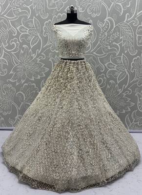 White Color Multi Thread Work,Sequence,Zari Embroidery,Zircon Studded All Over Work Net Lehenga Choli 4