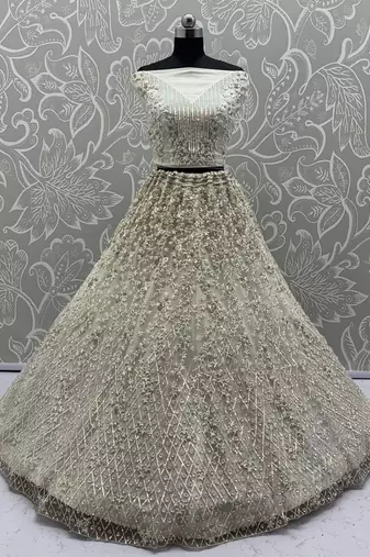 White Color Multi Thread Work,Sequence,Zari Embroidery,Zircon Studded All Over Work Net Lehenga Choli