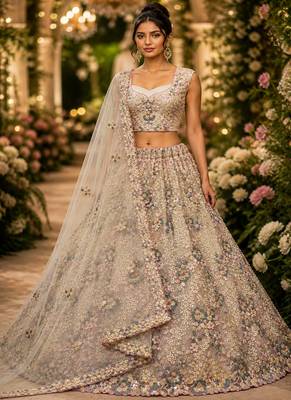 Cream Color Sequins Work,Flower Pattern Work,Multi Thread,Fancy Embroidery Heavy Net Lehenga Choli 1