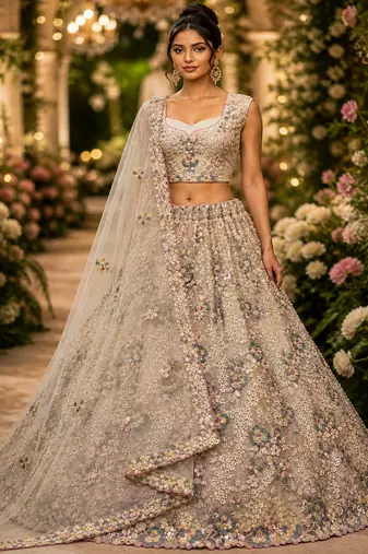 Cream Sequins Flower Pattern Multi Thread Fancy Embroidery Heavy Net Lehenga Choli