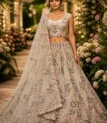 Cream Sequins Flower Pattern Multi Thread Fancy Embroidery Heavy Net Lehenga Choli