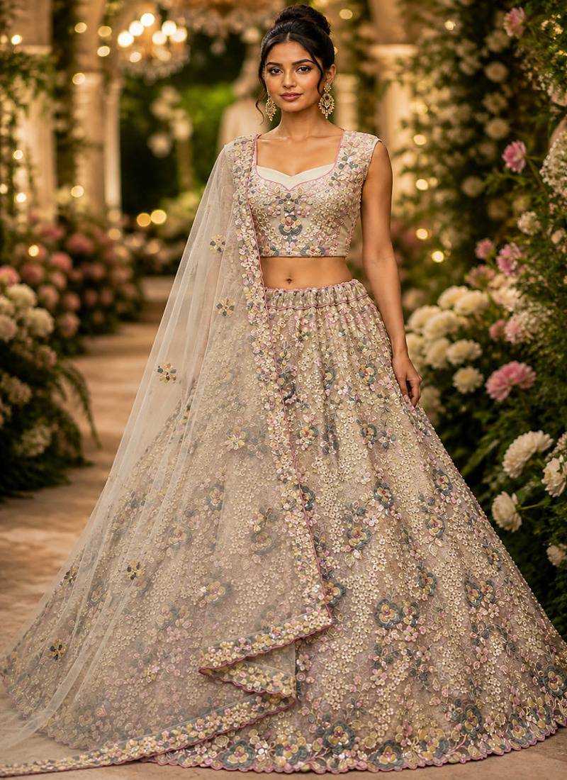 Cream Sequins Flower Pattern Multi Thread Fancy Embroidery Heavy Net Lehenga Choli