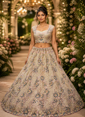 Cream Color Sequins Work,Flower Pattern Work,Multi Thread,Fancy Embroidery Heavy Net Lehenga Choli 2