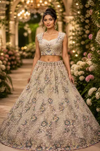 Cream Color Sequins Work,Flower Pattern Work,Multi Thread,Fancy Embroidery Heavy Net Lehenga Choli