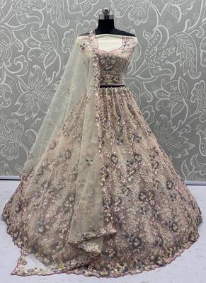 Cream Color Sequins Work,Flower Pattern Work,Multi Thread,Fancy Embroidery Heavy Net Lehenga Choli 3