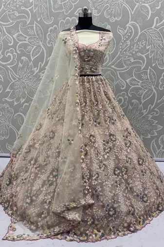 Cream Color Sequins Work,Flower Pattern Work,Multi Thread,Fancy Embroidery Heavy Net Lehenga Choli