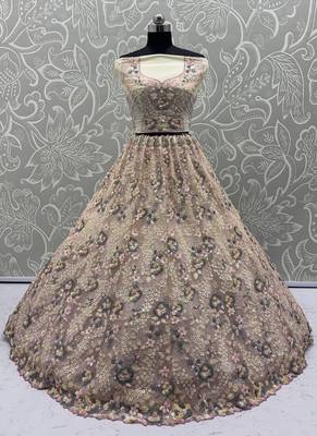 Cream Color Sequins Work,Flower Pattern Work,Multi Thread,Fancy Embroidery Heavy Net Lehenga Choli 4