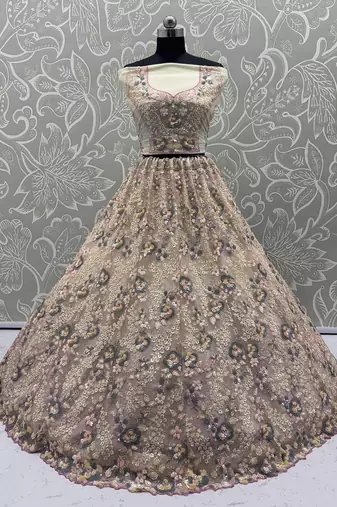 Cream Color Sequins Work,Flower Pattern Work,Multi Thread,Fancy Embroidery Heavy Net Lehenga Choli