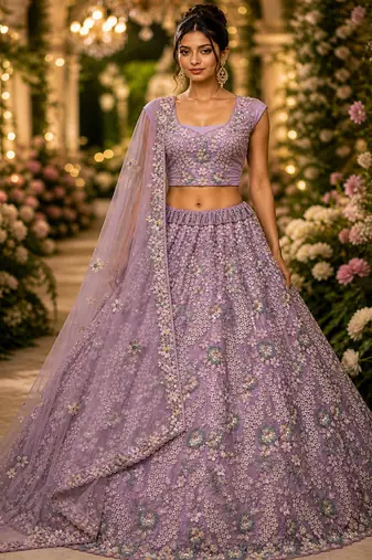 Lavender Sequins Flower Pattern Multi Thread Fancy Embroidery Heavy Net Lehenga Choli