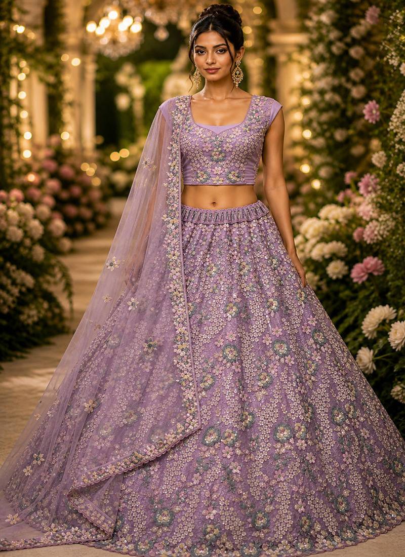 Lavender Sequins Flower Pattern Multi Thread Fancy Embroidery Heavy Net Lehenga Choli