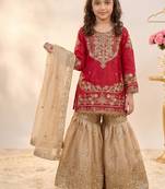 Girls embroidered silk kurta with sharara and dupatta set