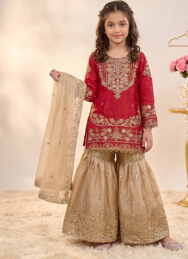 Girls embroidered silk kurta with sharara and dupatta set