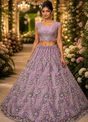 Lavender Color Sequins Work,Flower Pattern Work,Multi Thread,Fancy Embroidery Heavy Net Lehenga Choli 2