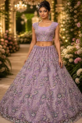 Lavender Color Sequins Work,Flower Pattern Work,Multi Thread,Fancy Embroidery Heavy Net Lehenga Choli