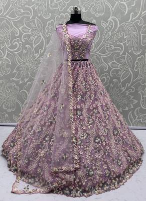 Lavender Color Sequins Work,Flower Pattern Work,Multi Thread,Fancy Embroidery Heavy Net Lehenga Choli 3