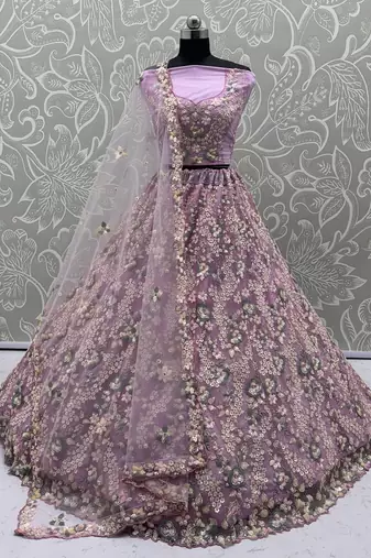Lavender Color Sequins Work,Flower Pattern Work,Multi Thread,Fancy Embroidery Heavy Net Lehenga Choli