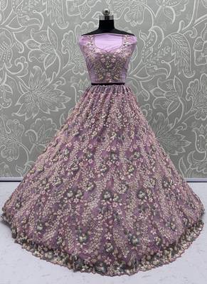 Lavender Color Sequins Work,Flower Pattern Work,Multi Thread,Fancy Embroidery Heavy Net Lehenga Choli 4
