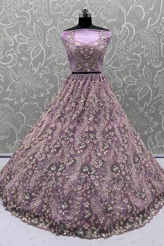 Lavender Color Sequins Work,Flower Pattern Work,Multi Thread,Fancy Embroidery Heavy Net Lehenga Choli