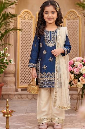 Traditional royal blue & gold embroidered girls' festive suit