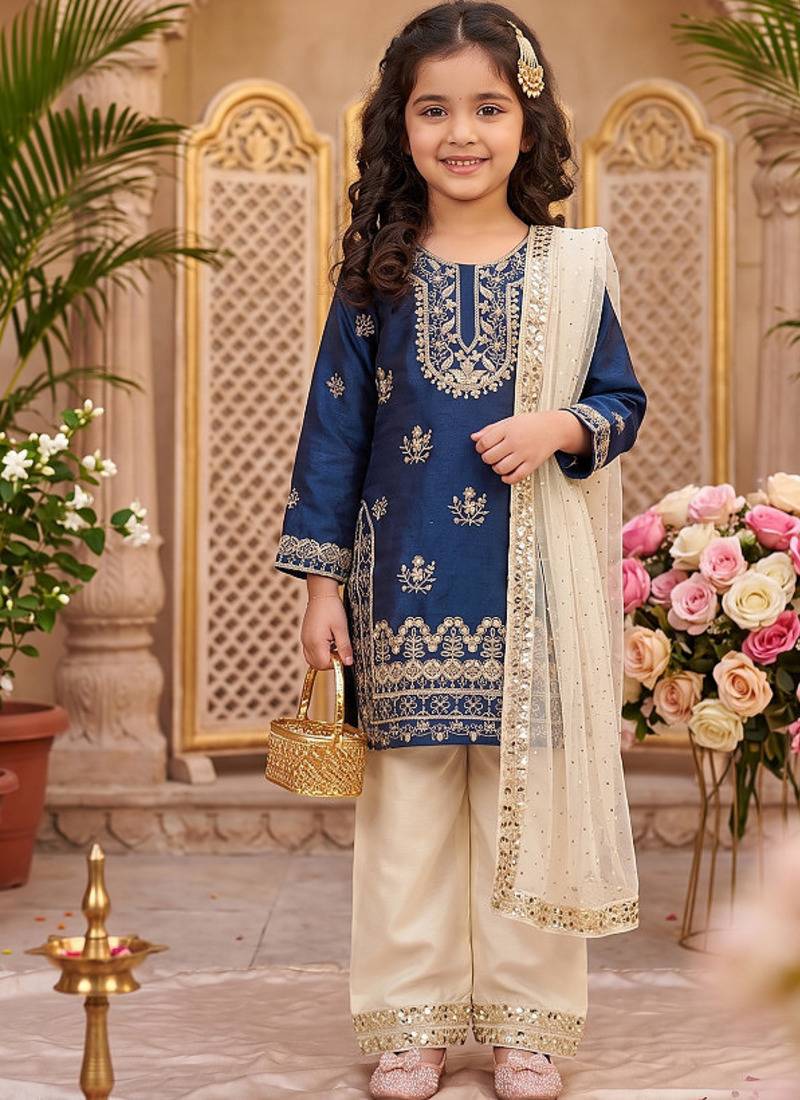 Traditional royal blue & gold embroidered girls' festive suit