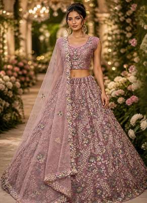 Pink Color Sequins Work,Flower Pattern Work,Multi Thread,Fancy Embroidery Heavy Net Lehenga Choli 1