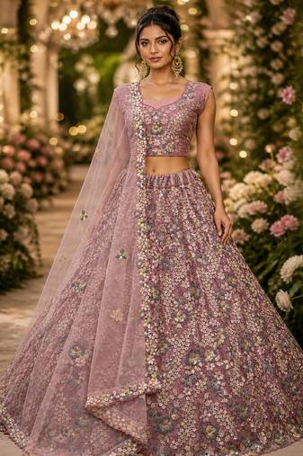 Pink Sequins Flower Pattern Multi Thread Fancy Embroidery Heavy Net Lehenga Choli