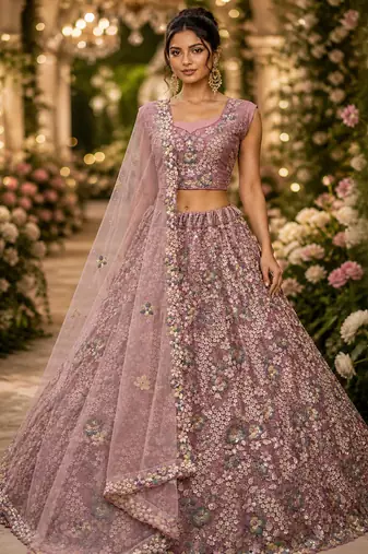 Pink Sequins Flower Pattern Multi Thread Fancy Embroidery Heavy Net Lehenga Choli