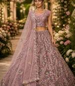 Pink Sequins Flower Pattern Multi Thread Fancy Embroidery Heavy Net Lehenga Choli