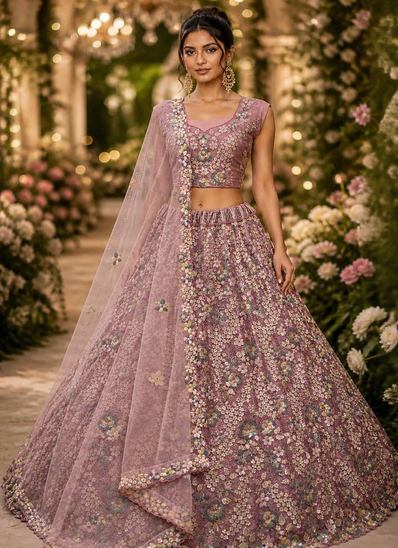 Pink Sequins Flower Pattern Multi Thread Fancy Embroidery Heavy Net Lehenga Choli