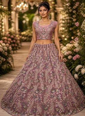 Pink Color Sequins Work,Flower Pattern Work,Multi Thread,Fancy Embroidery Heavy Net Lehenga Choli 2
