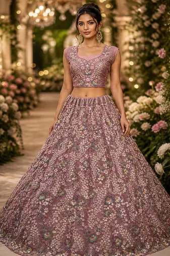 Pink Color Sequins Work,Flower Pattern Work,Multi Thread,Fancy Embroidery Heavy Net Lehenga Choli