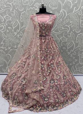 Pink Color Sequins Work,Flower Pattern Work,Multi Thread,Fancy Embroidery Heavy Net Lehenga Choli 3
