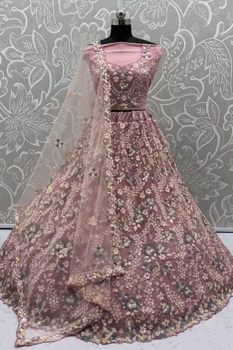 Pink Color Sequins Work,Flower Pattern Work,Multi Thread,Fancy Embroidery Heavy Net Lehenga Choli