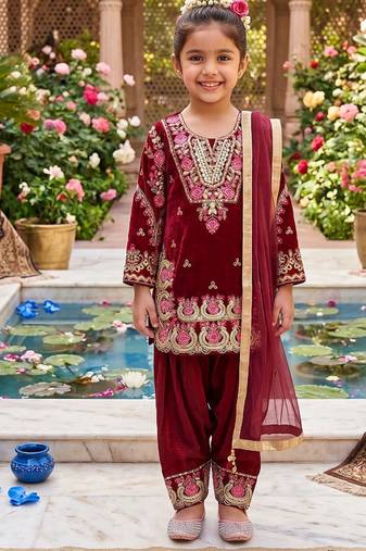 Girls maroon silk embroidered kurta plazzo set with dupatta - festive wear