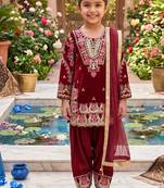 Girls maroon silk embroidered kurta plazzo set with dupatta - festive wear