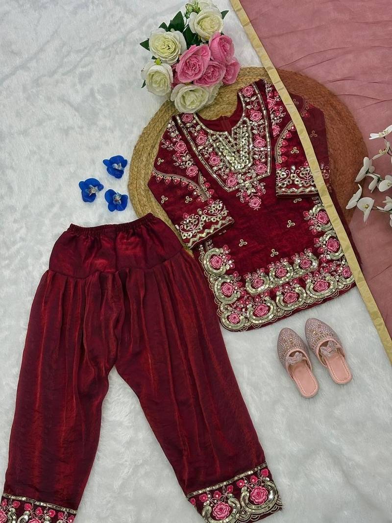 Girls maroon silk embroidered kurta plazzo set with dupatta - festive wear