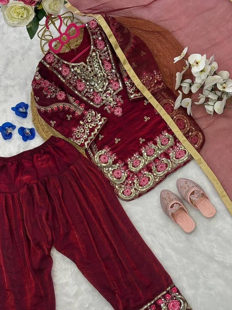 Girls maroon silk embroidered kurta plazzo set with dupatta - festive wear