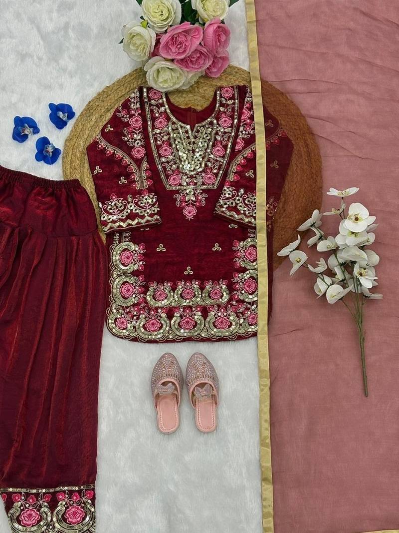 Girls maroon silk embroidered kurta plazzo set with dupatta - festive wear