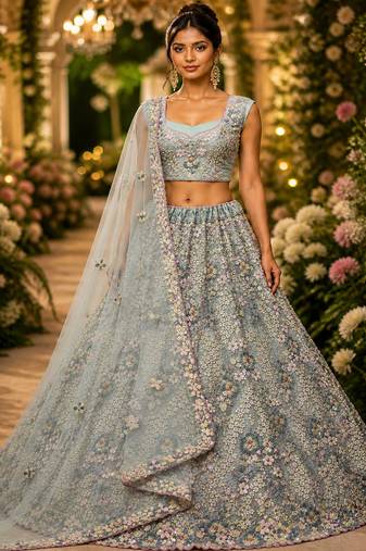 Sky Blue Sequins Flower Pattern Multi Thread Fancy Embroidery Heavy Net Lehenga Choli