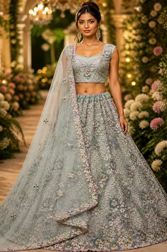 Sky Blue Sequins Flower Pattern Multi Thread Fancy Embroidery Heavy Net Lehenga Choli