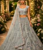 Sky Blue Color Sequins Work,Flower Pattern Work,Multi Thread,Fancy Embroidery Heavy Net Lehenga Choli