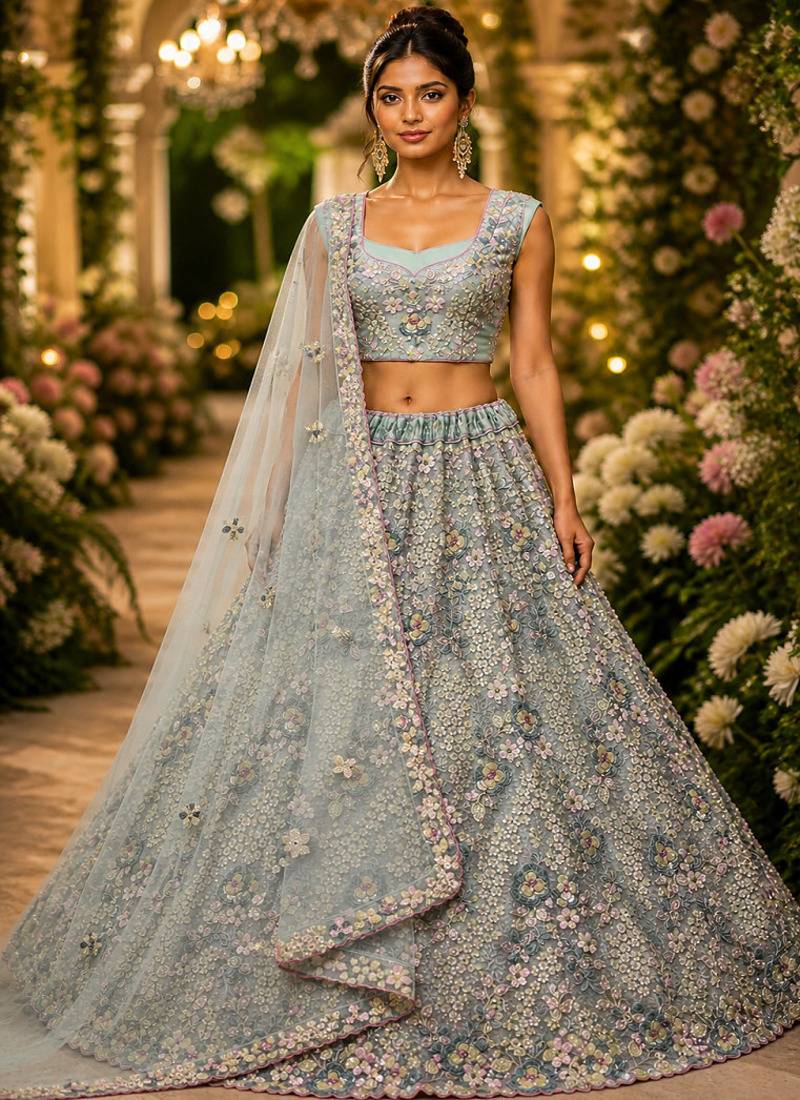 Sky Blue Sequins Flower Pattern Multi Thread Fancy Embroidery Heavy Net Lehenga Choli