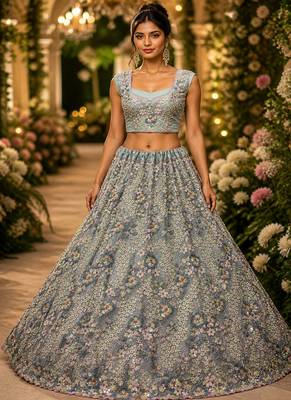 Sky Blue Color Sequins Work,Flower Pattern Work,Multi Thread,Fancy Embroidery Heavy Net Lehenga Choli 2