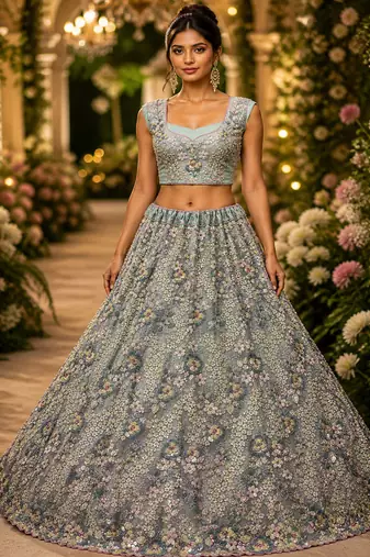 Sky Blue Color Sequins Work,Flower Pattern Work,Multi Thread,Fancy Embroidery Heavy Net Lehenga Choli