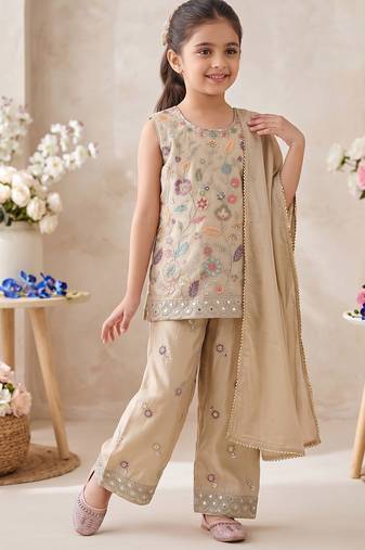 Girls' beige embroidered kurta with palazzos & dupatta set 