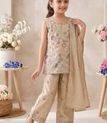Girls' beige embroidered kurta with palazzos & dupatta set 