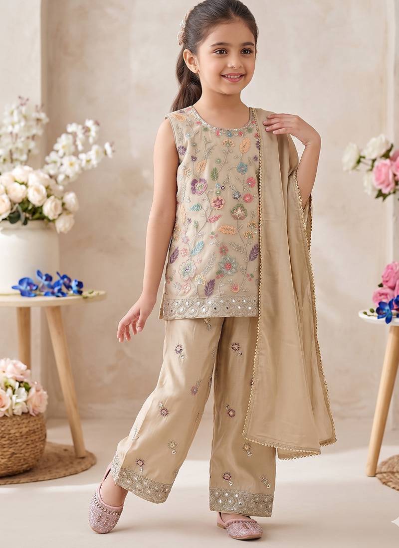 Girls' beige embroidered kurta with palazzos & dupatta set 
